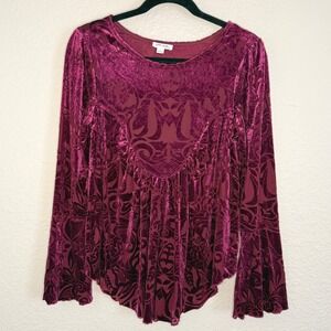 Womens Small Floral Velvet Burnout Top Bell Sleeve Whimsigoth Fairy Romantic Y2K